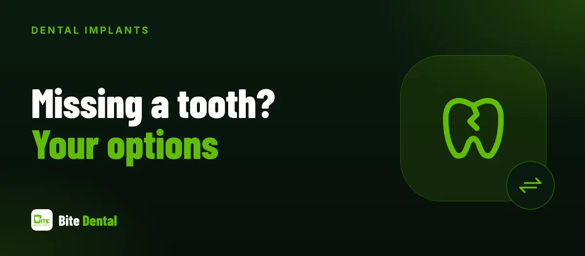 Illustration comparing an implant, a bridge and a denture for a missing tooth