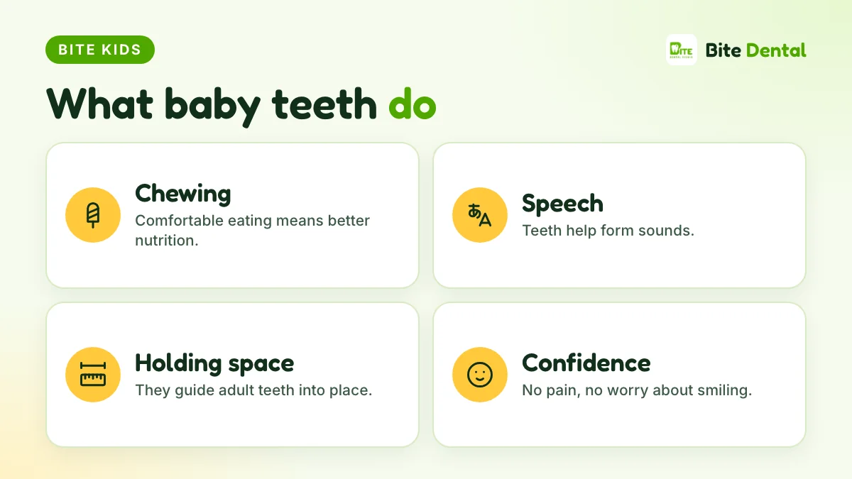 Four jobs of baby teeth: chewing, speech, spacing, confidence