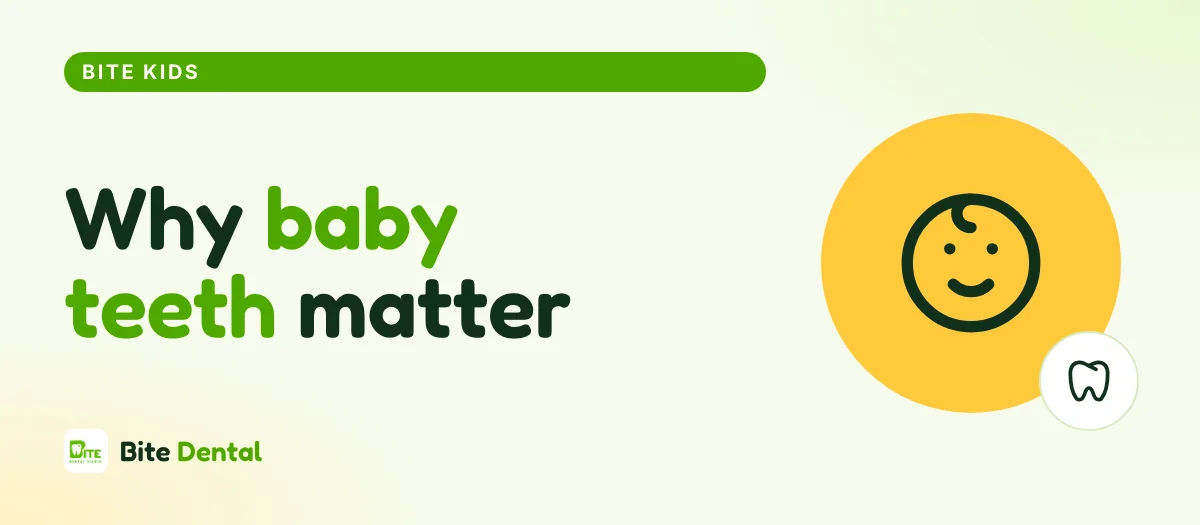Illustration of a friendly tooth mascot beside a child's baby teeth
