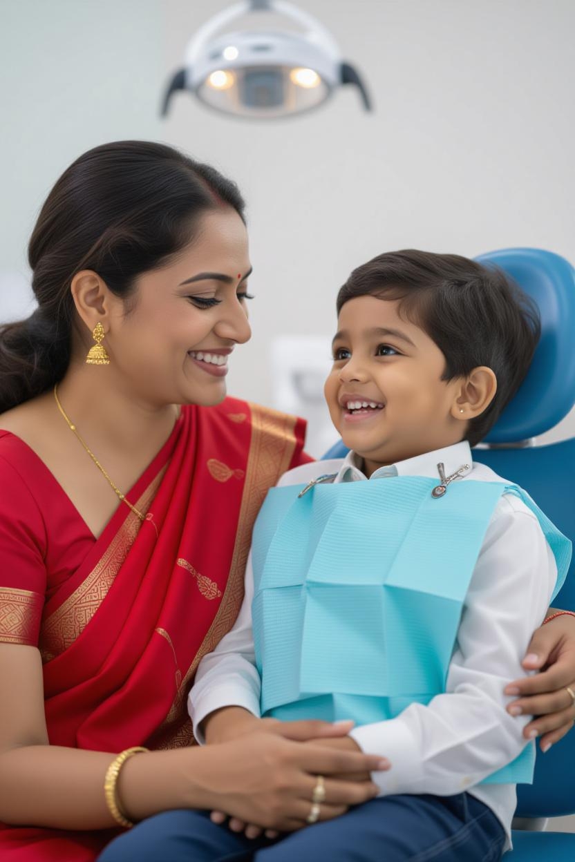 Indian mother and child smiling at dental clinic